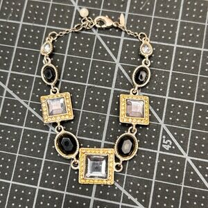 Glamorous Silver Tone Bracelet Square Clear Black Oval Stones Lobster Clasp